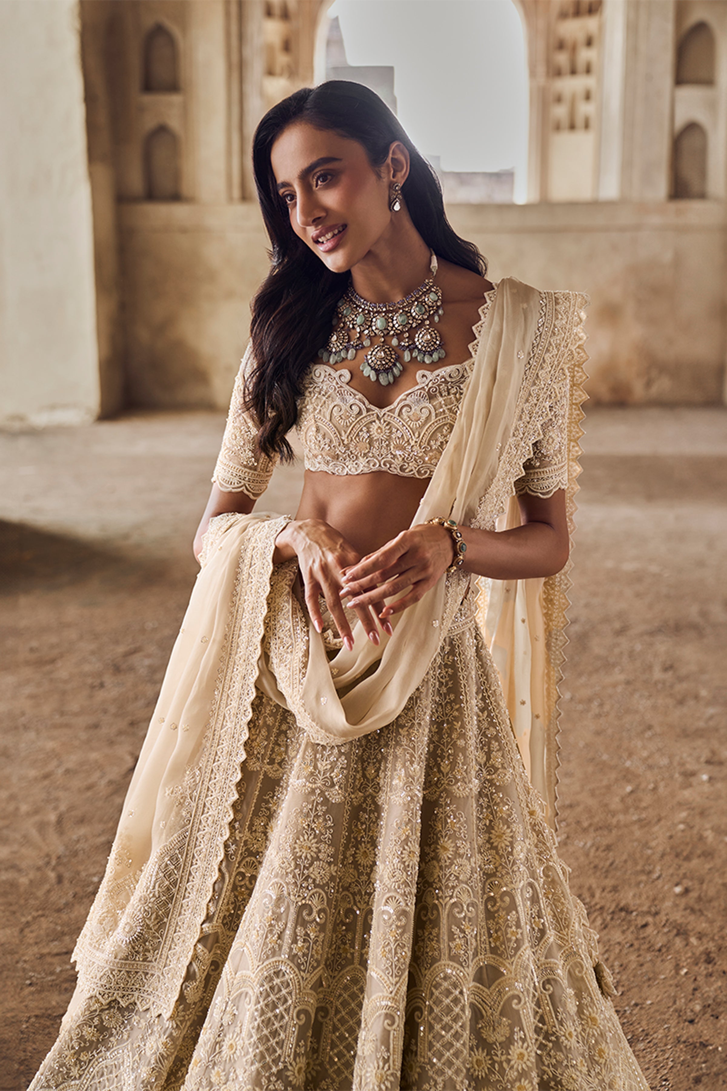 ANUSHREE REDDY LEHENGA BLOUSE DUPATTA GREYISH IVORY
