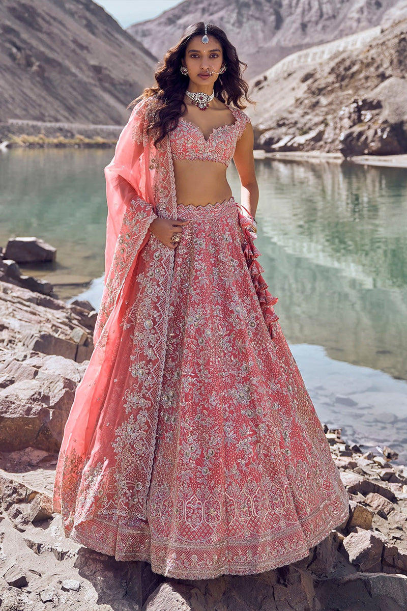 Lehenga Blouse Dupatta Coral