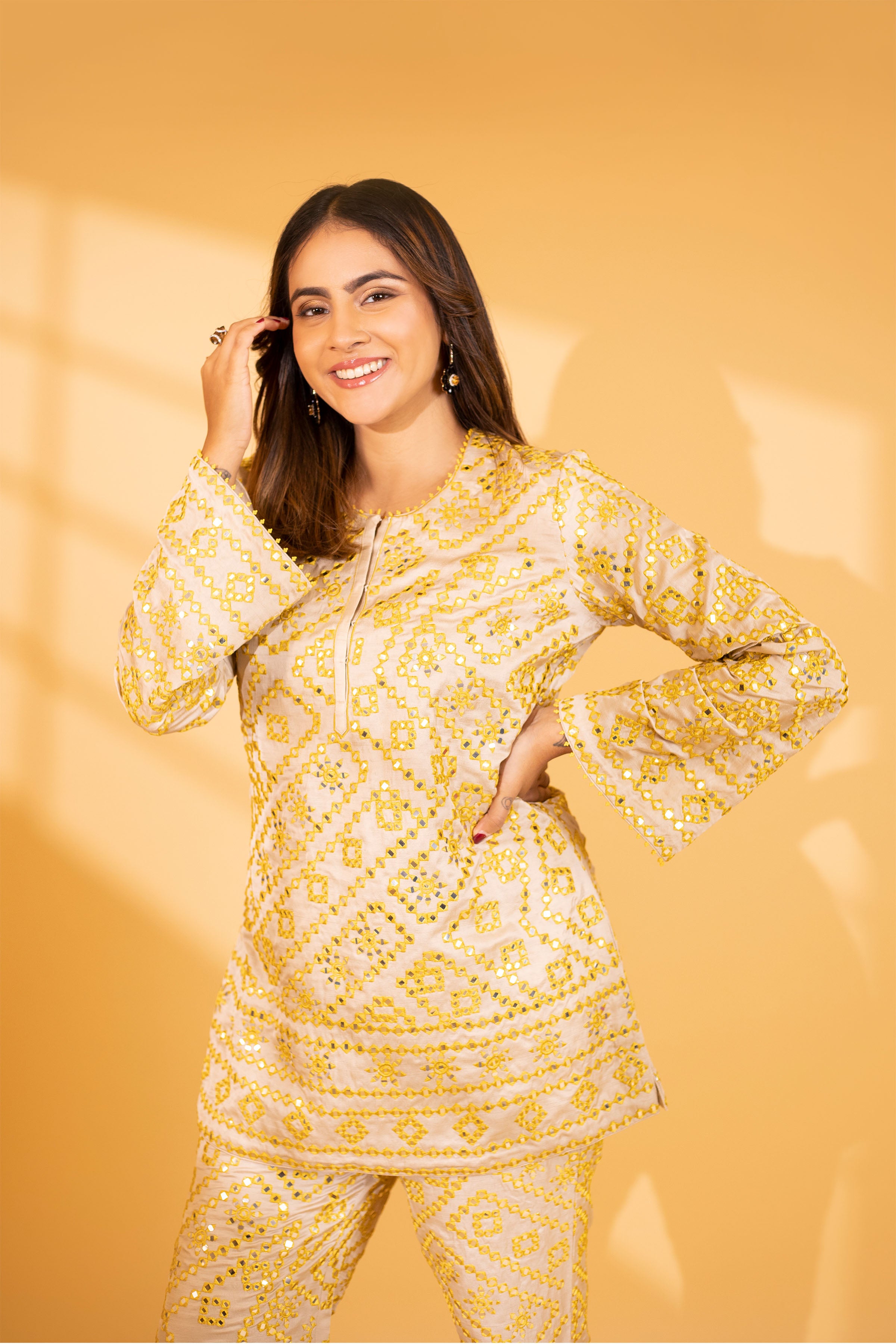 KURTA PANT PALAZZO BEIGE BLUE BEIGE YELLOW