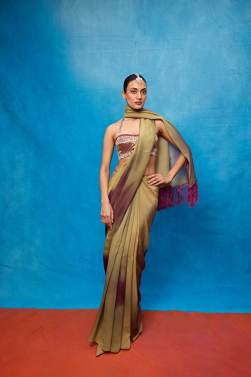 Saree Blouse Fabric Green-Pink