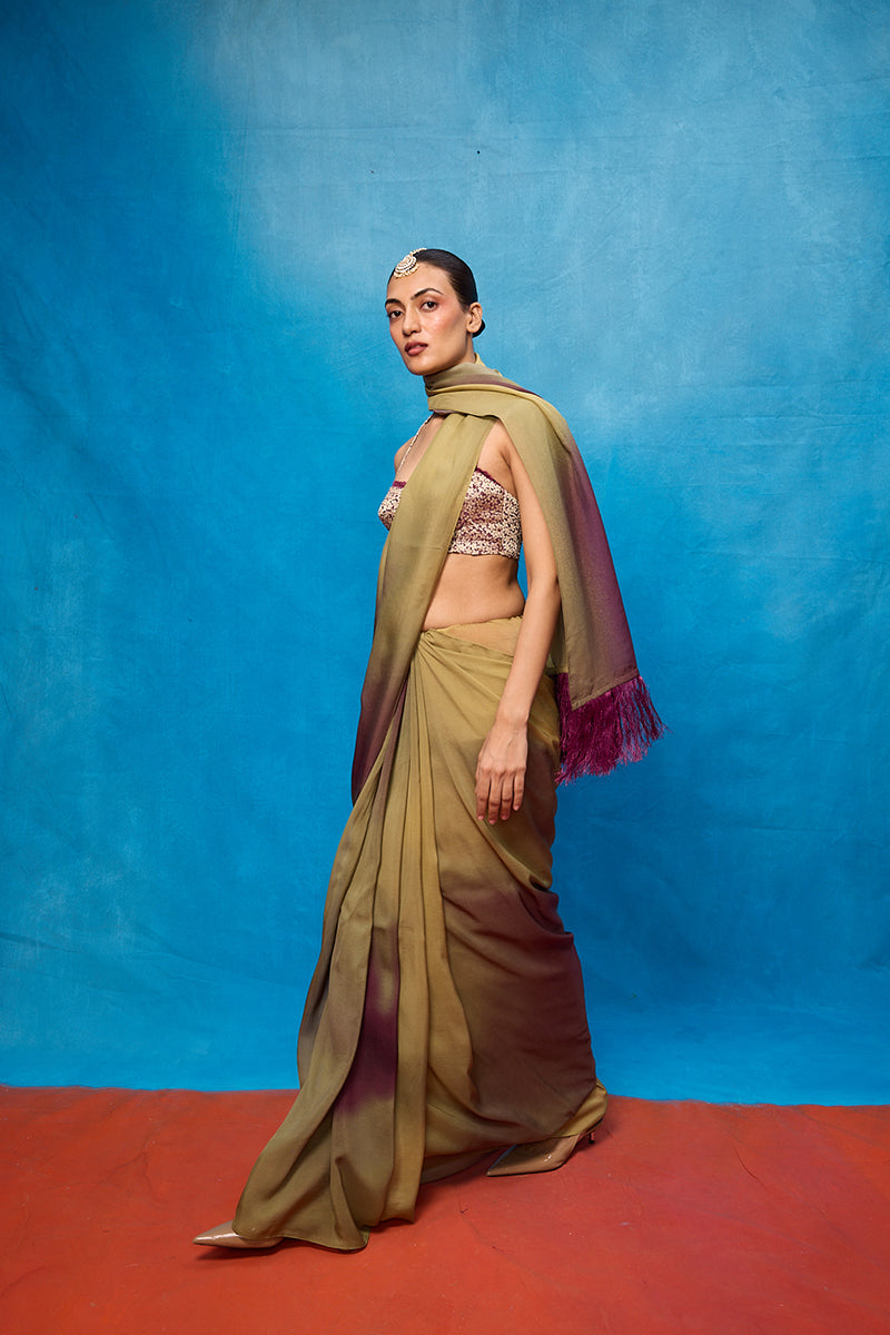 Saree Blouse Fabric Green-Pink