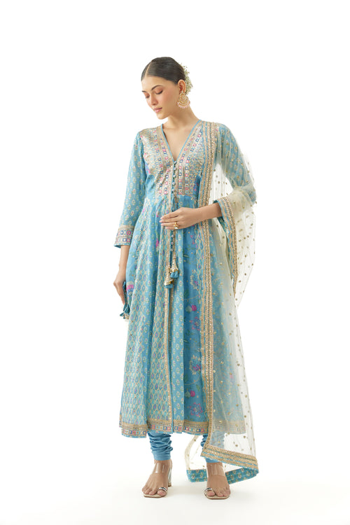 Anarkali Churidar Dupatta Blue Yellow