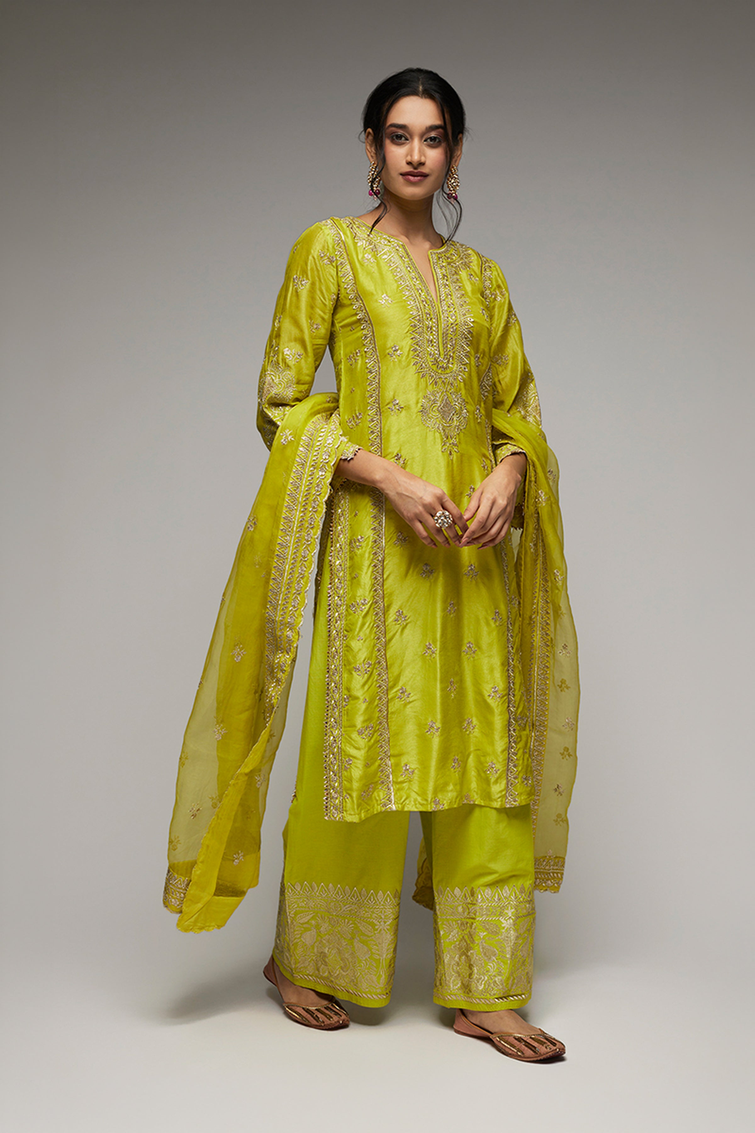GOPI VAID PLAZO KURTA DUPATTA LIME GREEN