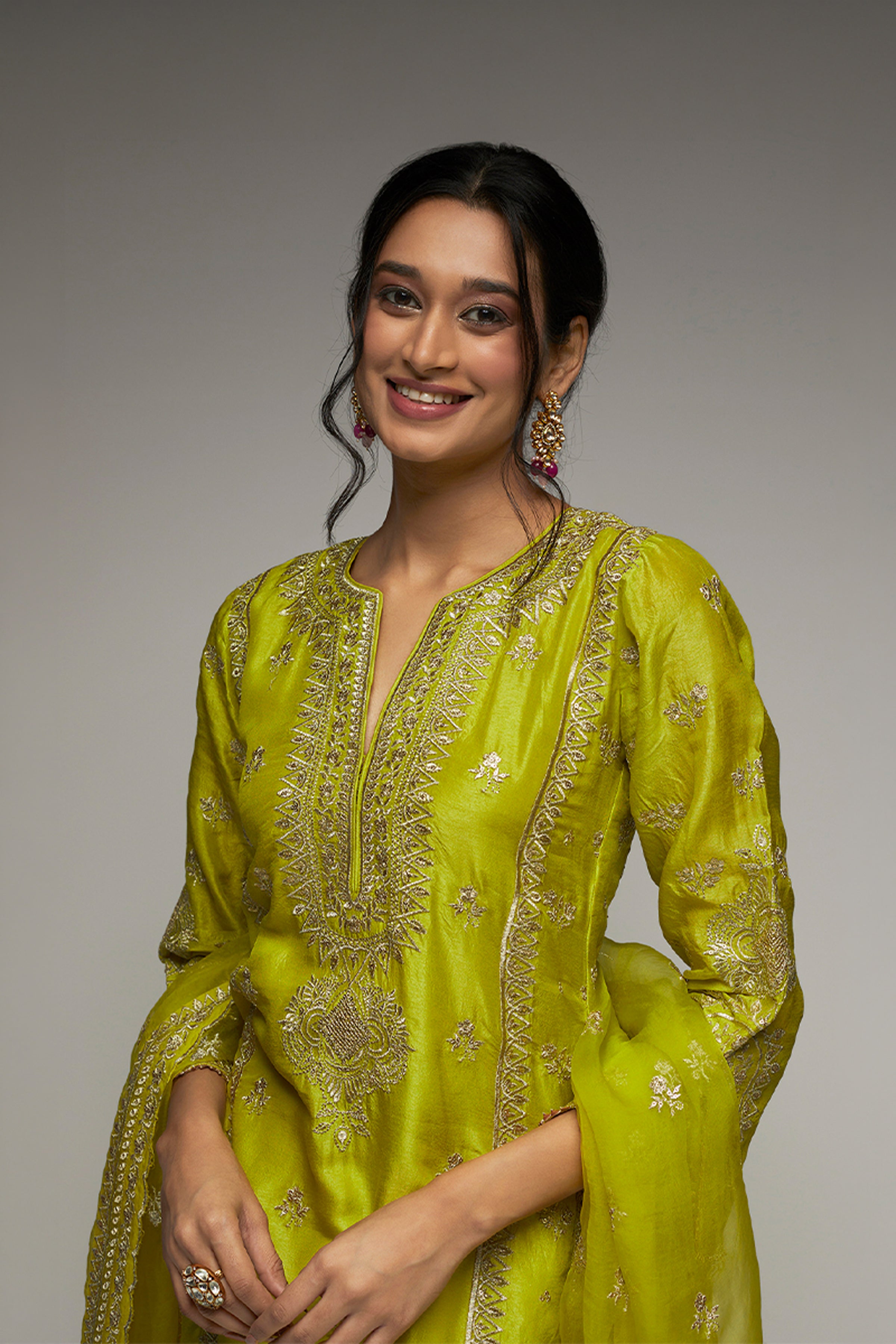 GOPI VAID PLAZO KURTA DUPATTA LIME GREEN