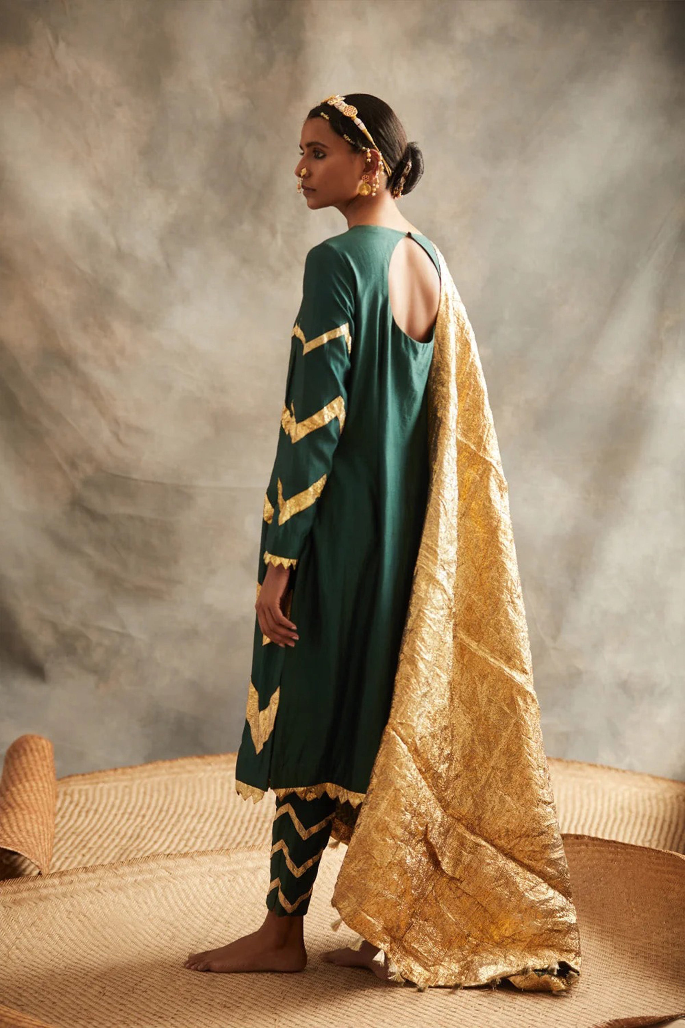 Kurta Pant Dupatta Bottle Green-Gold