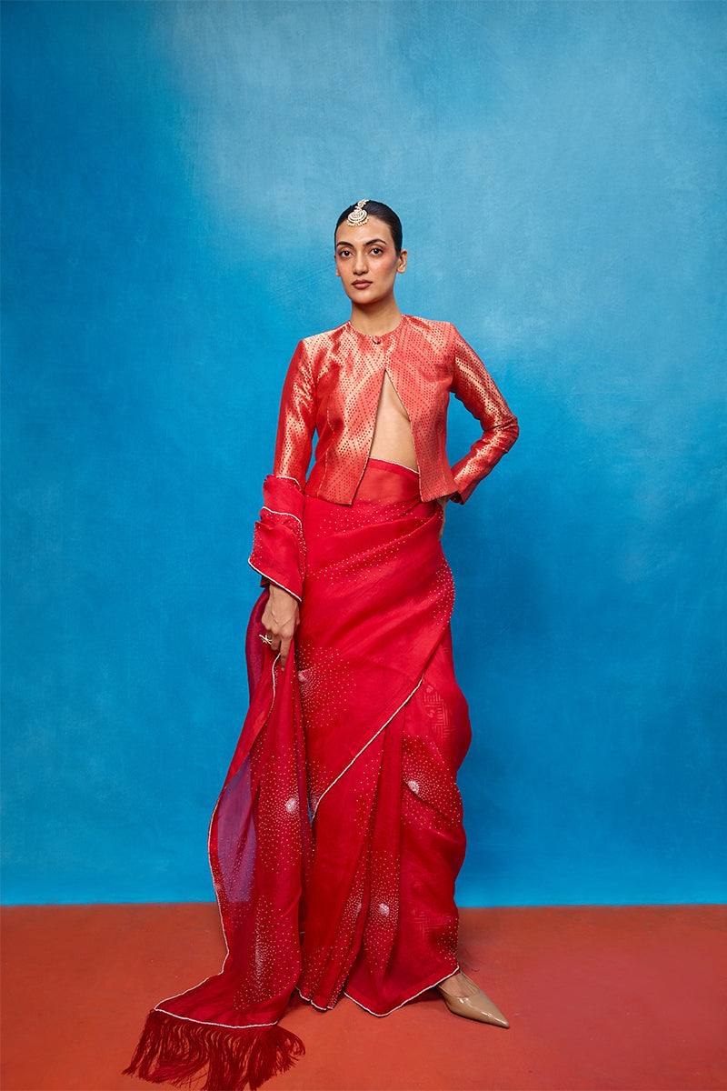 Saree Blouse Fabric Red Off-White