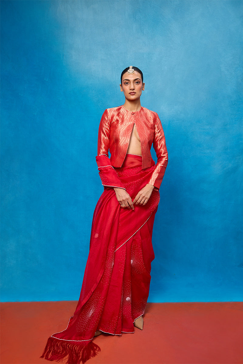 Saree Blouse Fabric Red Off-White