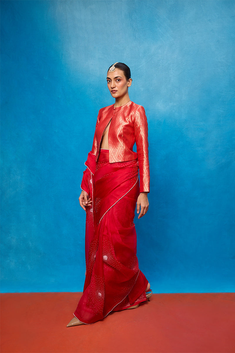 Saree Blouse Fabric Red Off-White