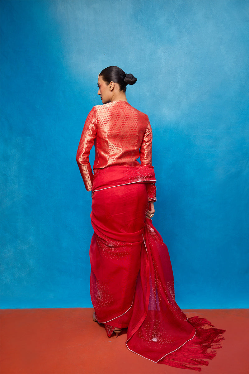 Saree Blouse Fabric Red Off-White