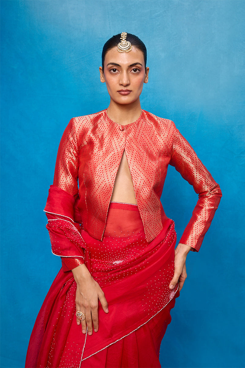 Saree Blouse Fabric Red Off-White