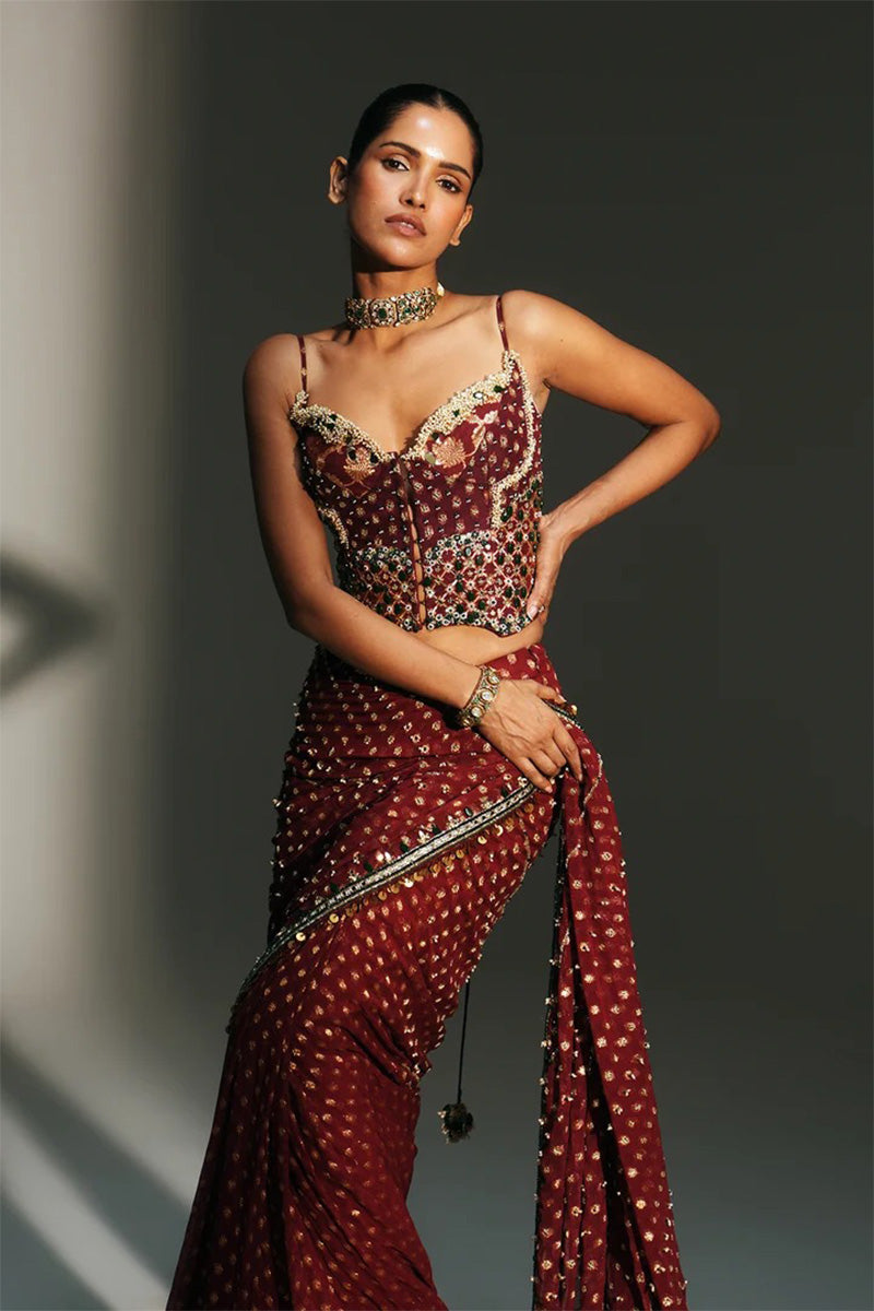 Draped Saree Corset Sindoori Red
