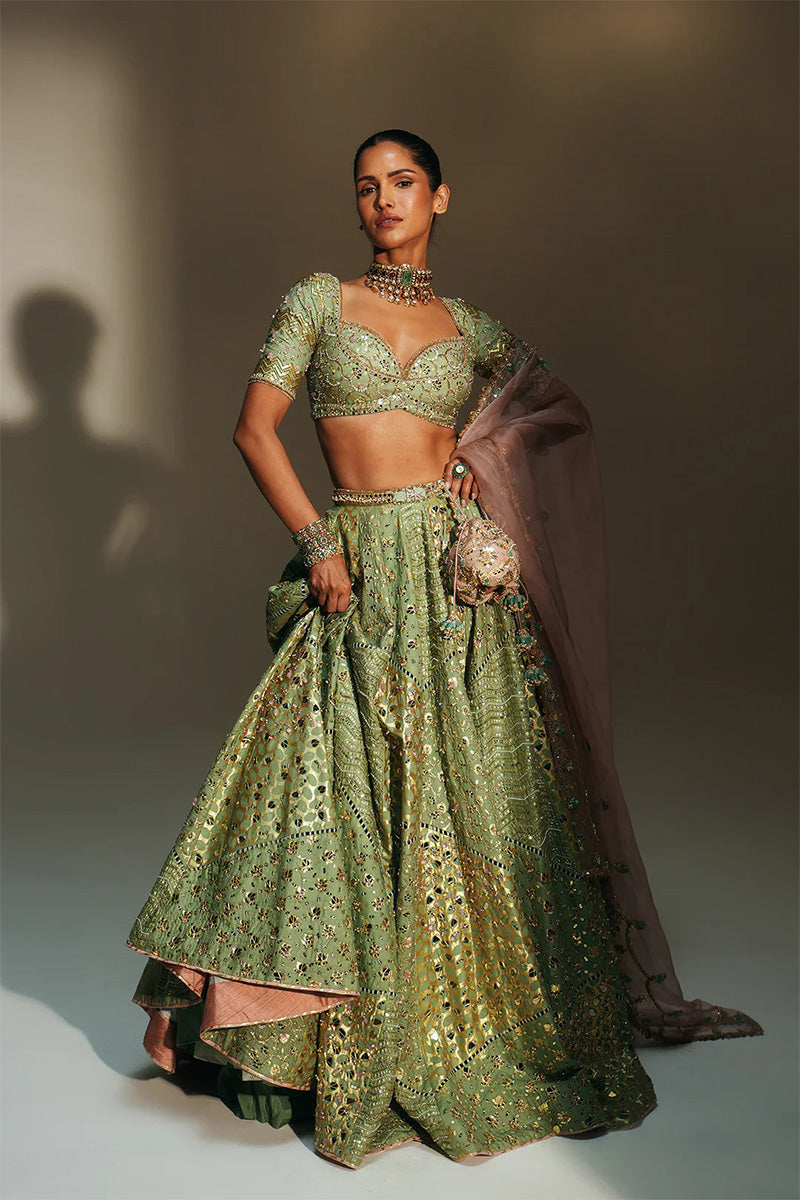 Lehenga Blouse Dupatta Pista-Green-Blush-Pink