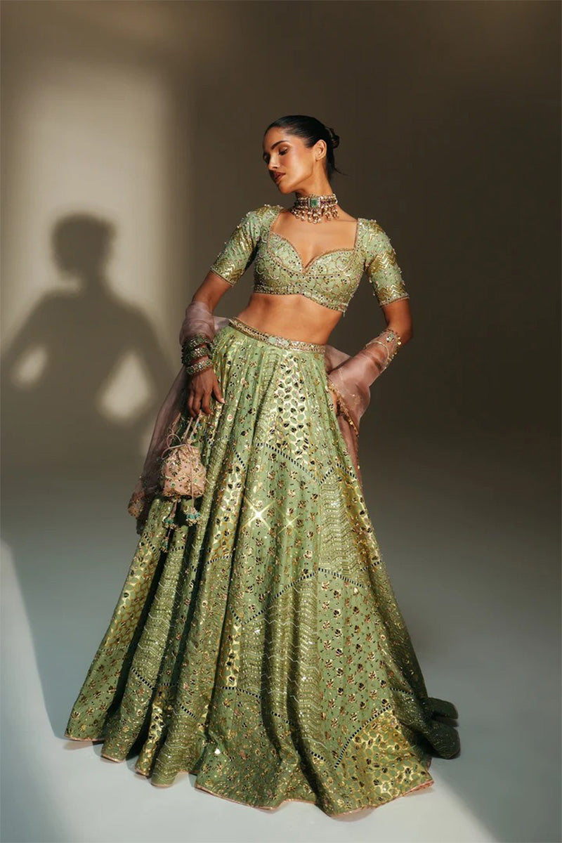 Lehenga Blouse Dupatta Pista-Green-Blush-Pink