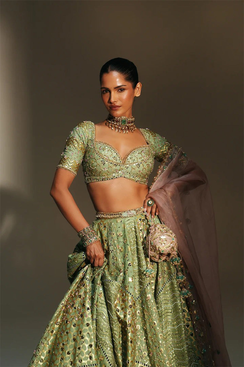 Lehenga Blouse Dupatta Pista-Green-Blush-Pink