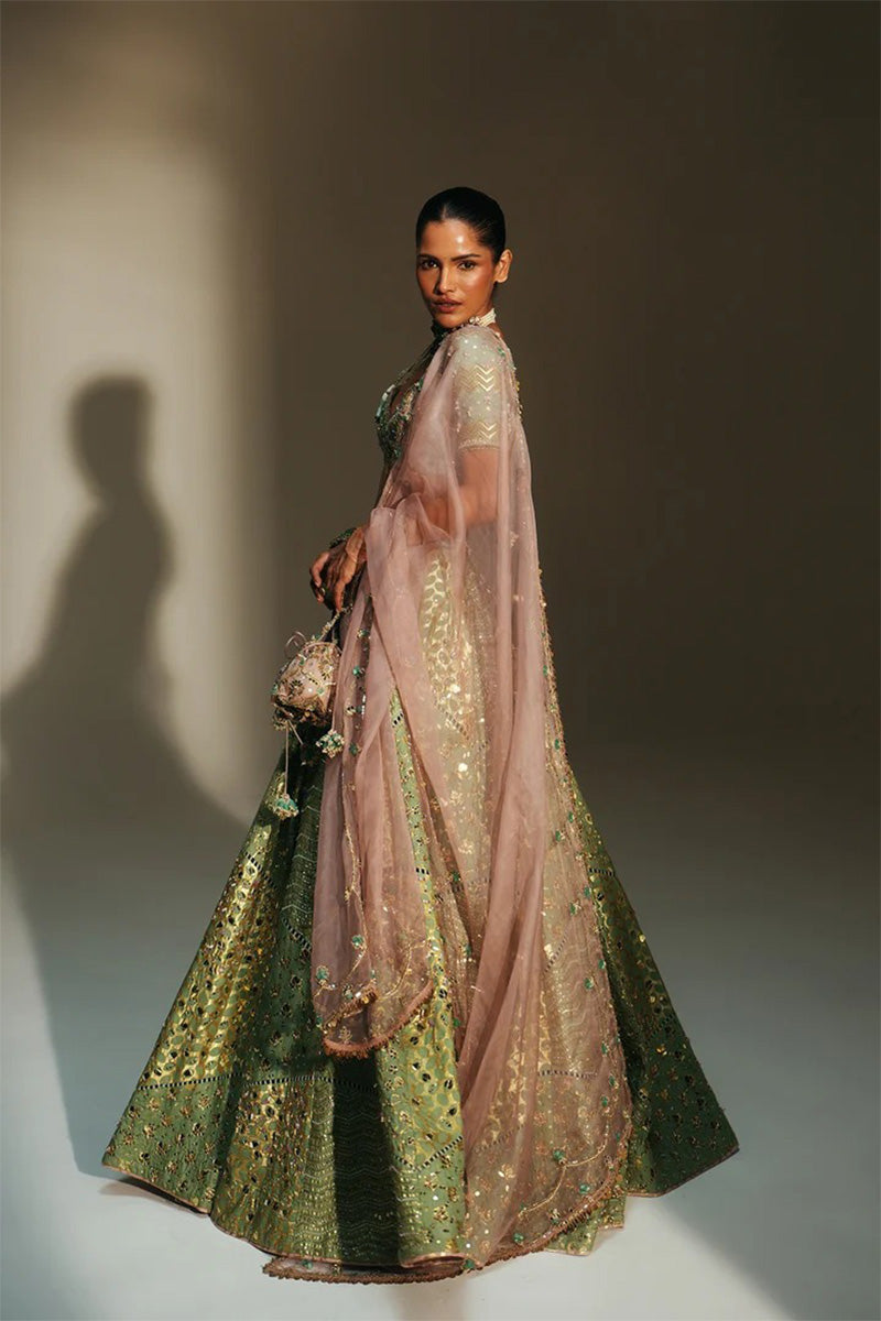 Lehenga Blouse Dupatta Pista-Green-Blush-Pink