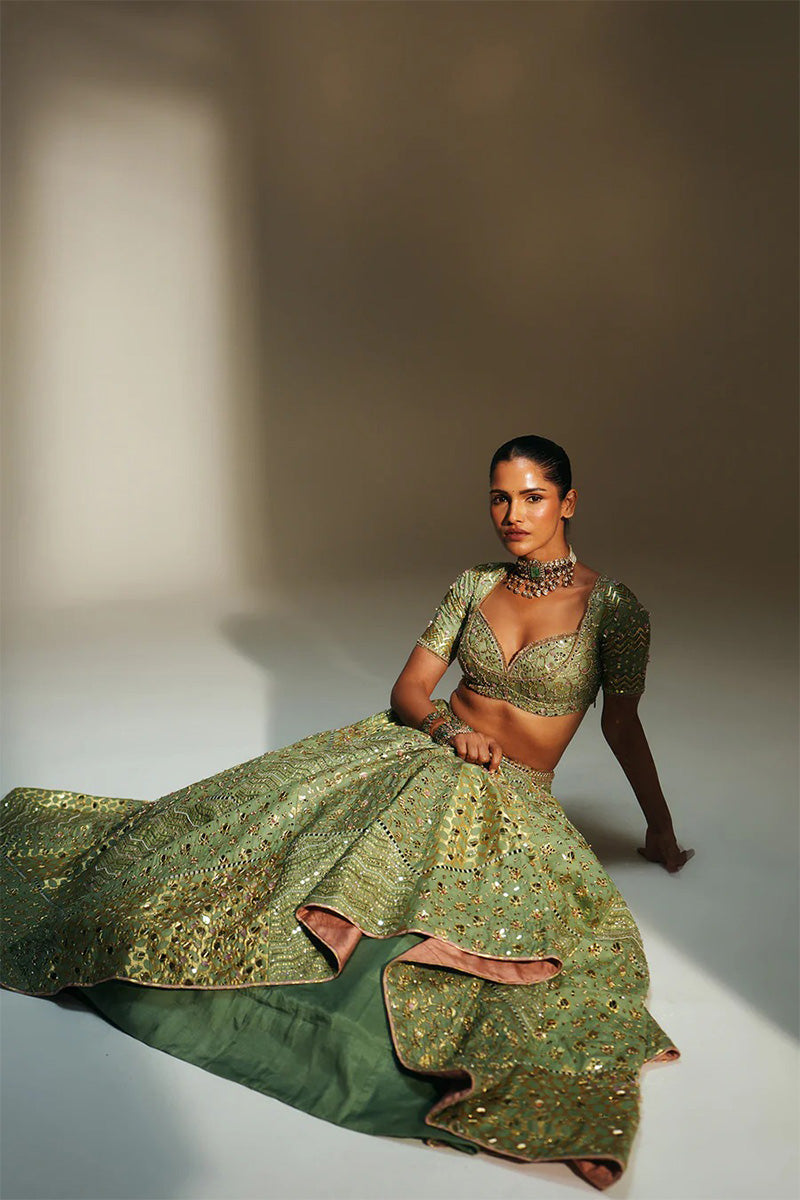 Lehenga Blouse Dupatta Pista-Green-Blush-Pink