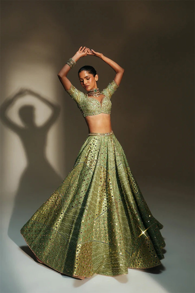 Lehenga Blouse Dupatta Pista-Green-Blush-Pink