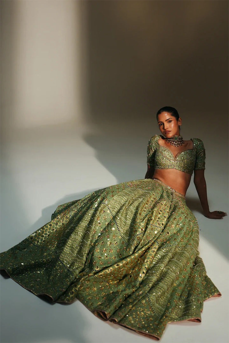 Lehenga Blouse Dupatta Pista-Green-Blush-Pink