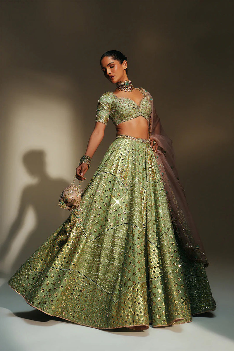 Lehenga Blouse Dupatta Pista-Green-Blush-Pink