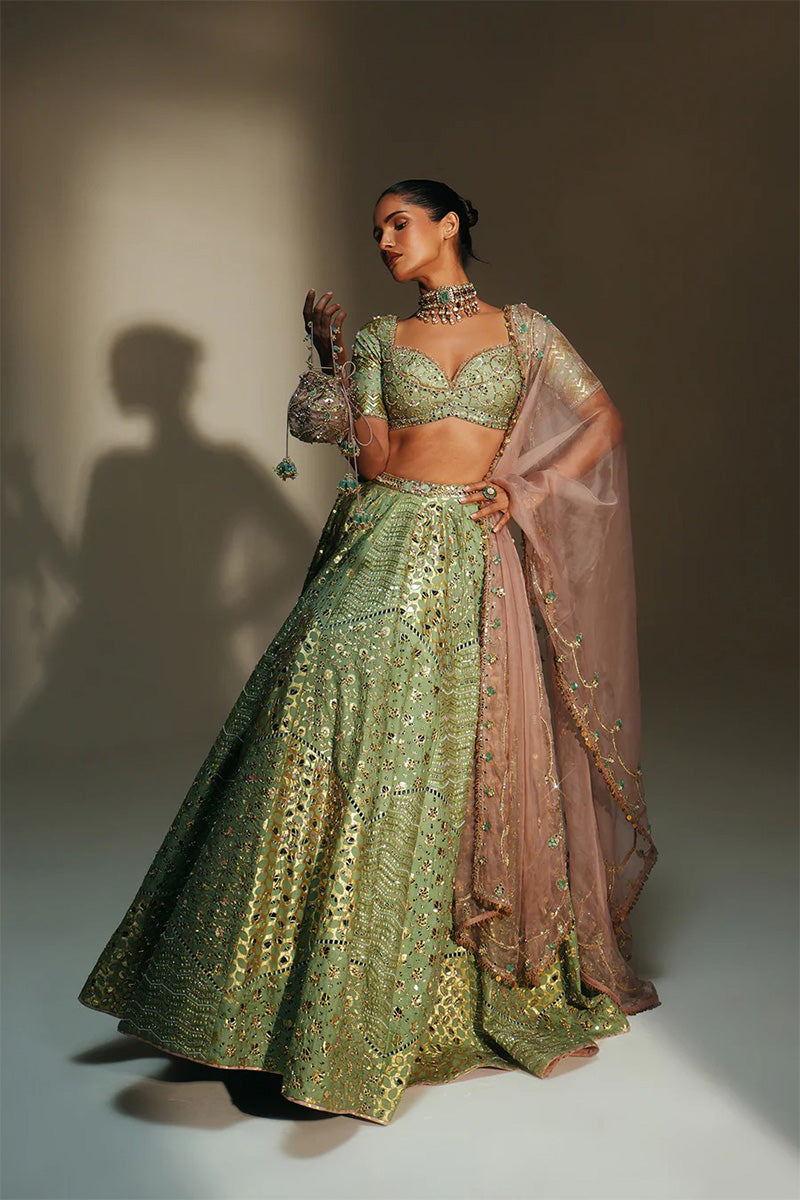 Lehenga Blouse Dupatta Pista-Green-Blush-Pink