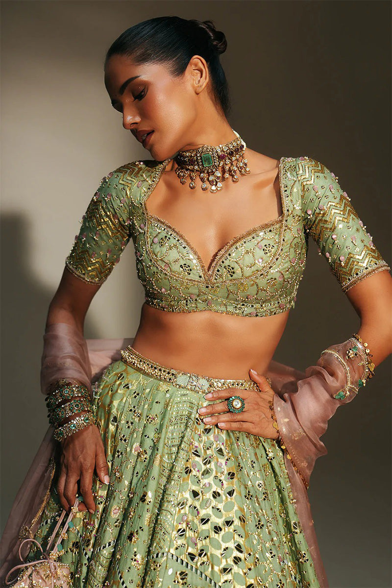 Lehenga Blouse Dupatta Pista-Green-Blush-Pink