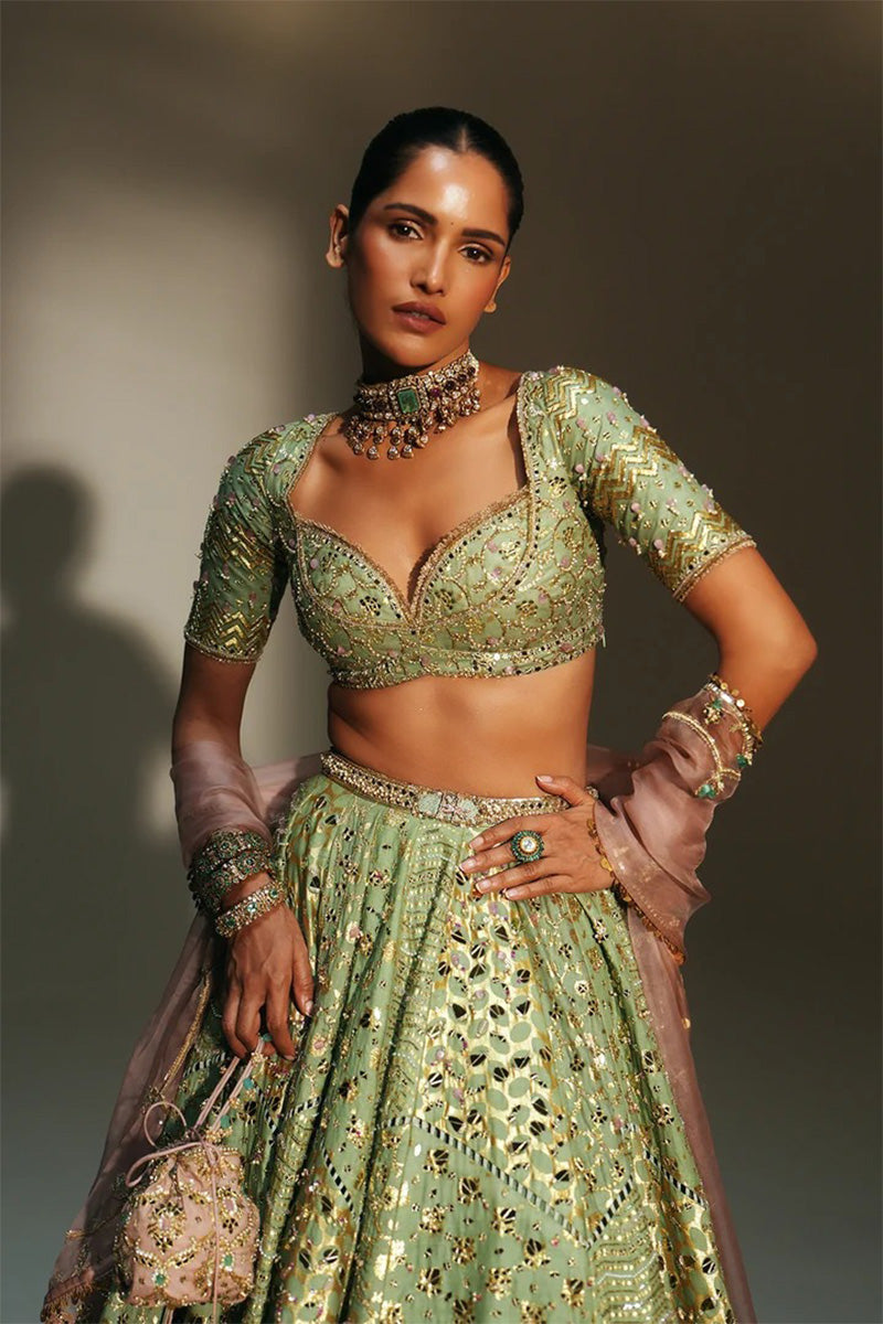 Lehenga Blouse Dupatta Pista-Green-Blush-Pink