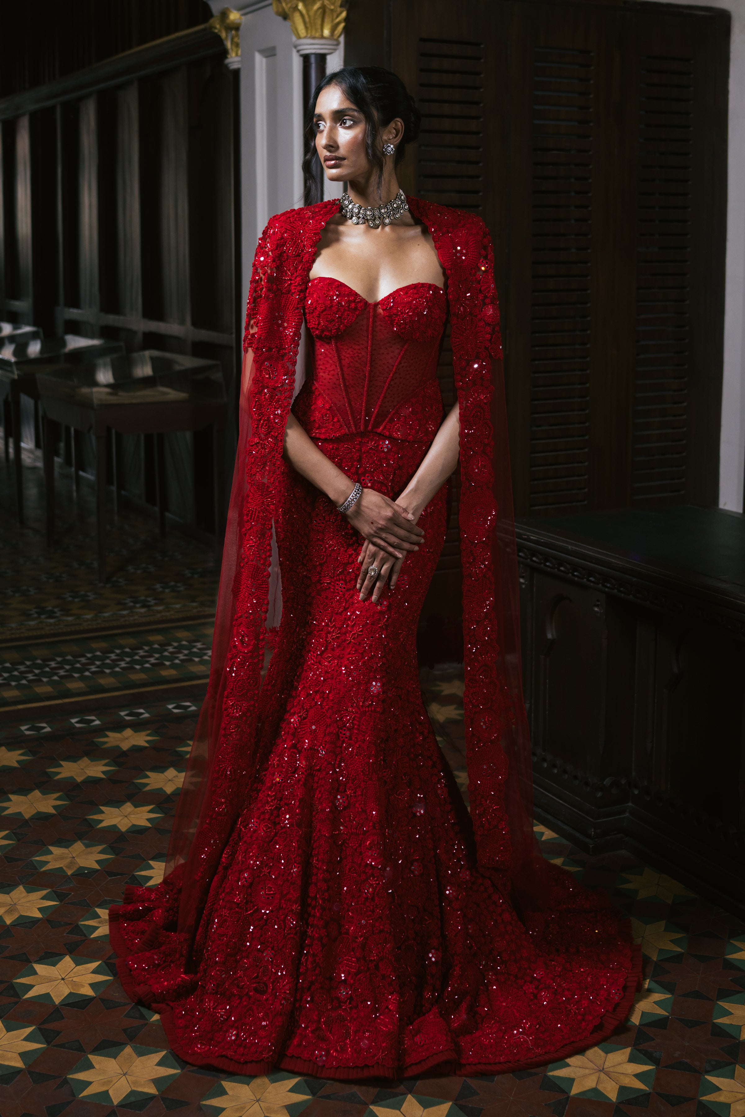 Lehenga Corset Cape Red
