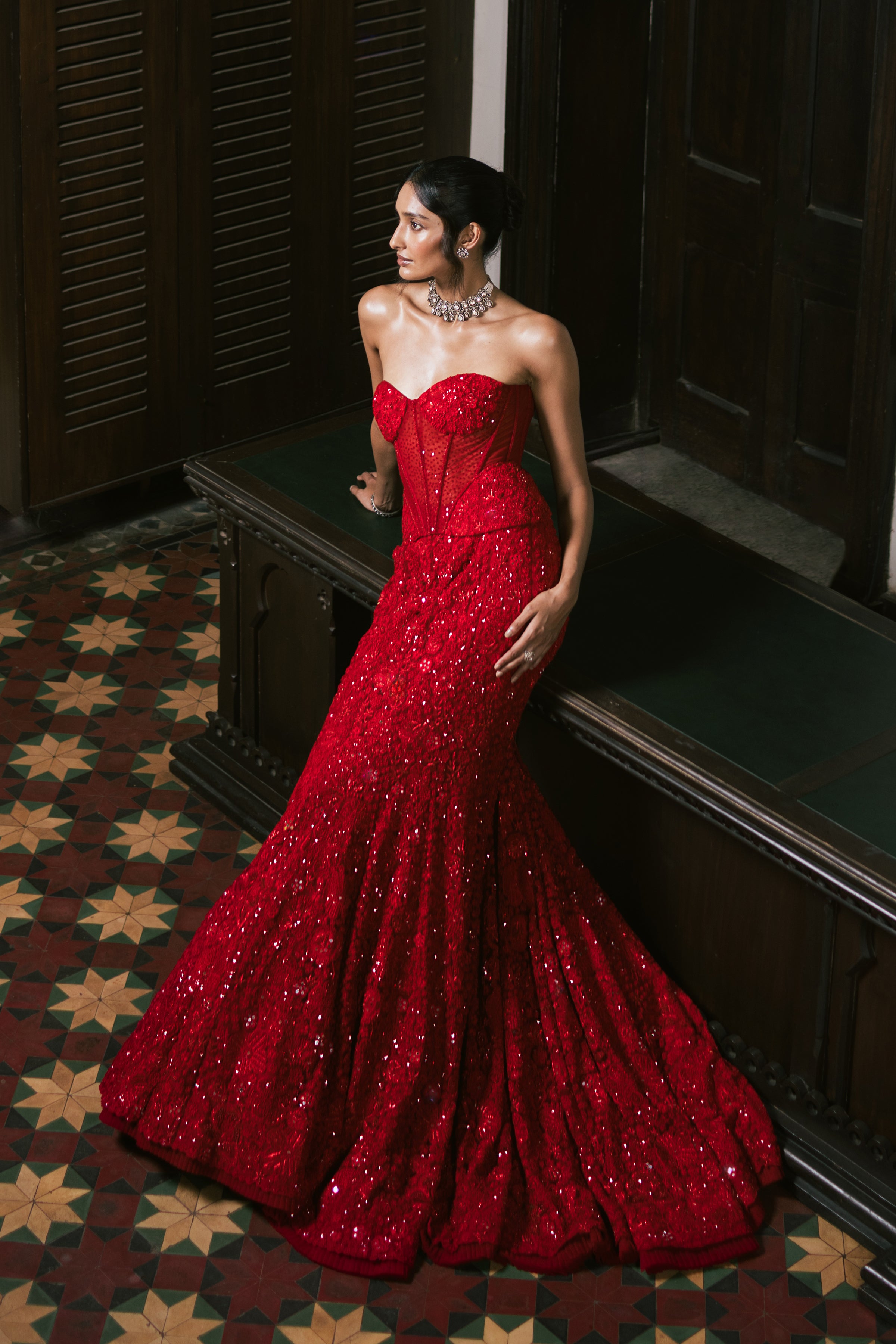 Lehenga Corset Cape Red