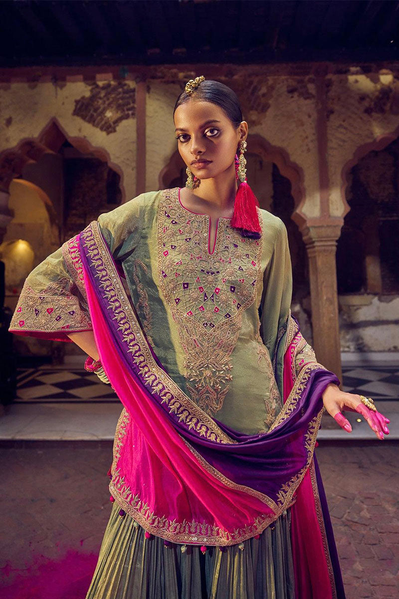 SHARARA KURTA DUPATTA GREEN PURPLE