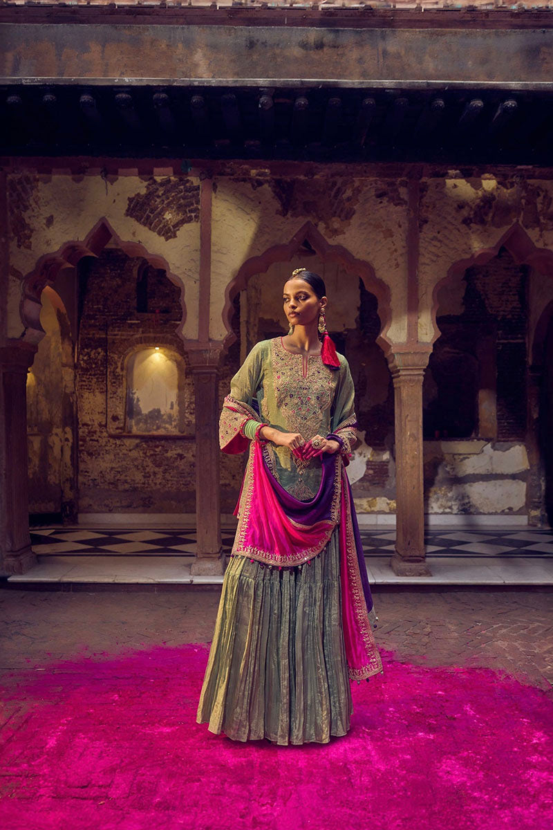 SHARARA KURTA DUPATTA GREEN PURPLE