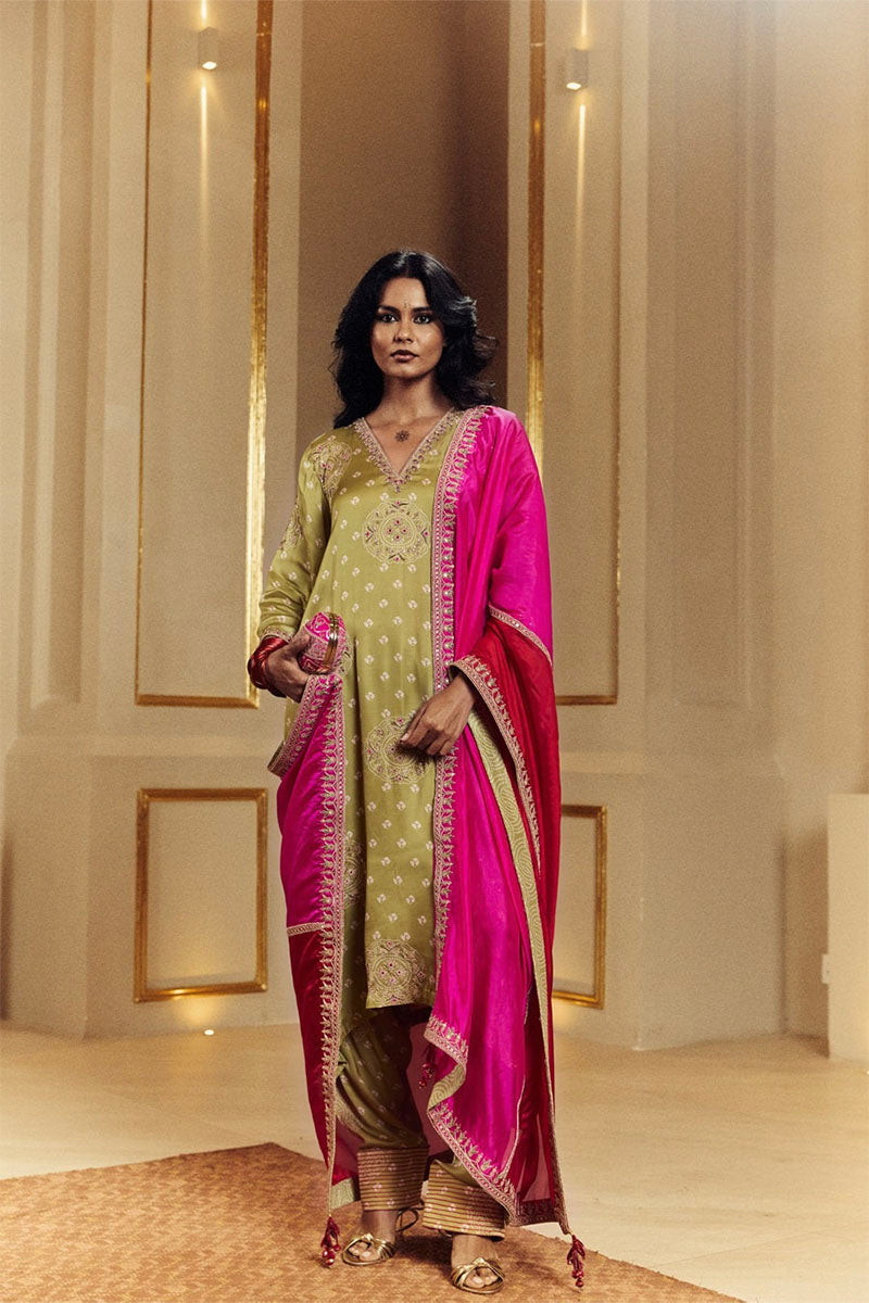 KURTA PANT DUPATTA GREEN-PINK GOLD-GREEN