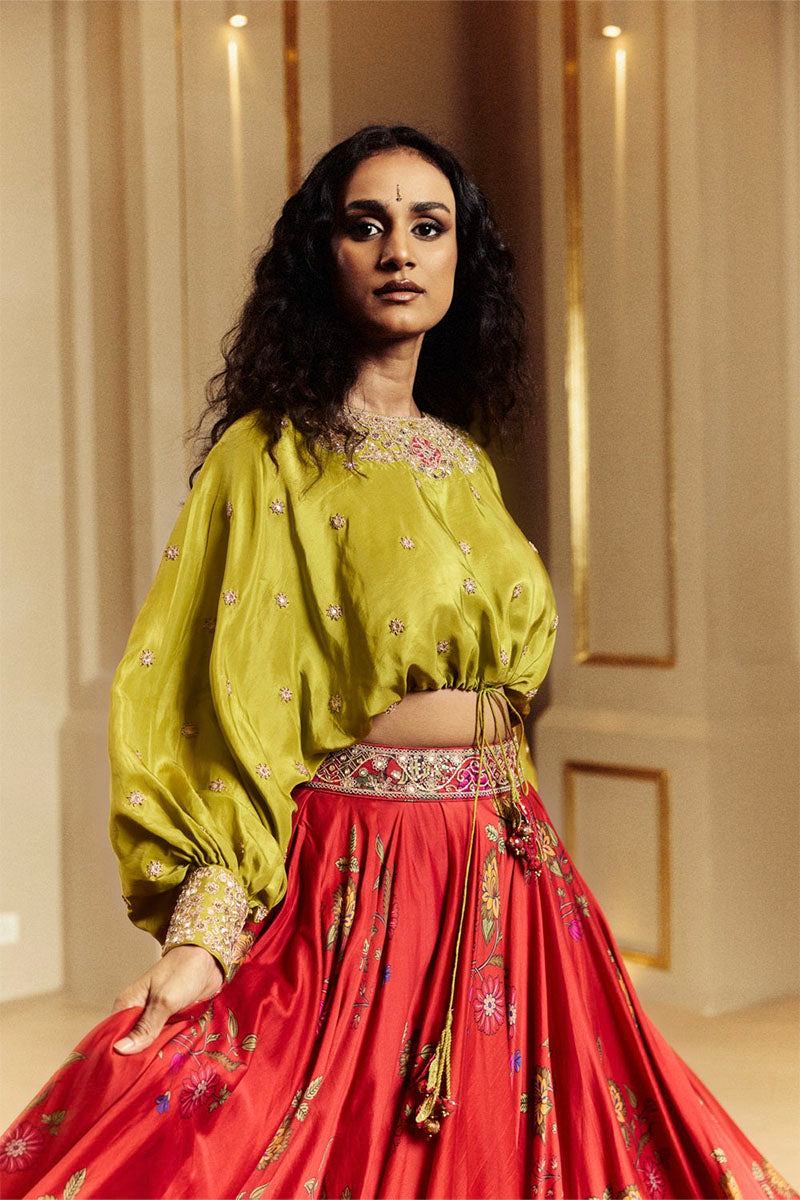 CROPTOP SKIRT SURKH LAAL-DRY GREEN