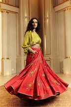 CROPTOP SKIRT SURKH LAAL-DRY GREEN