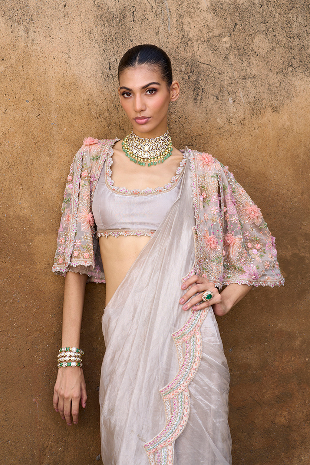 DRAPED SAREE BLOUSE SILVER GREY