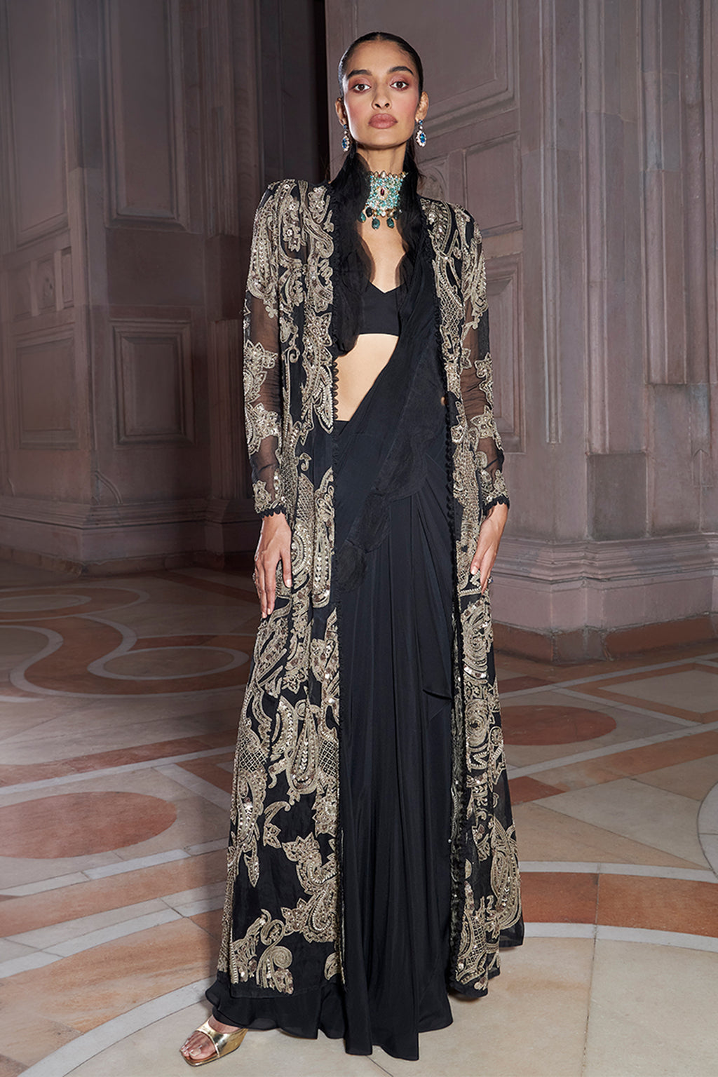 DRAPED SAREE BLOUSE JACKET BLACK