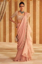 Dusky Pink , Silver Green Draped Saree