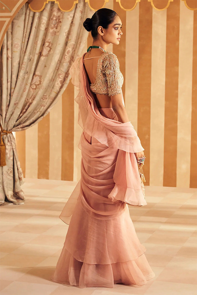Dusky Pink , Silver Green Draped Saree