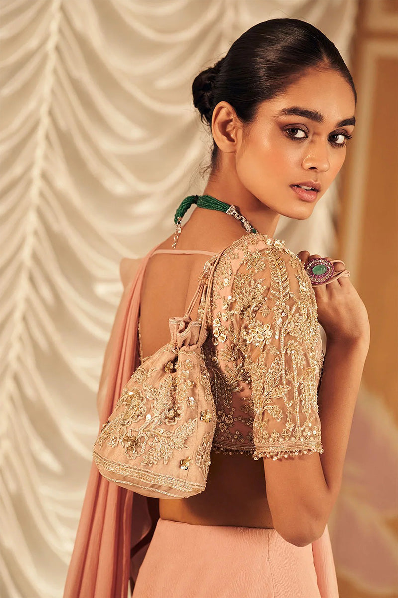 Dusky Pink , Silver Green Draped Saree