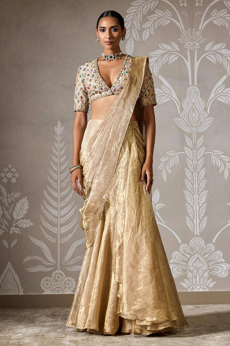 Gunmetal and Light Gold Draped Saree