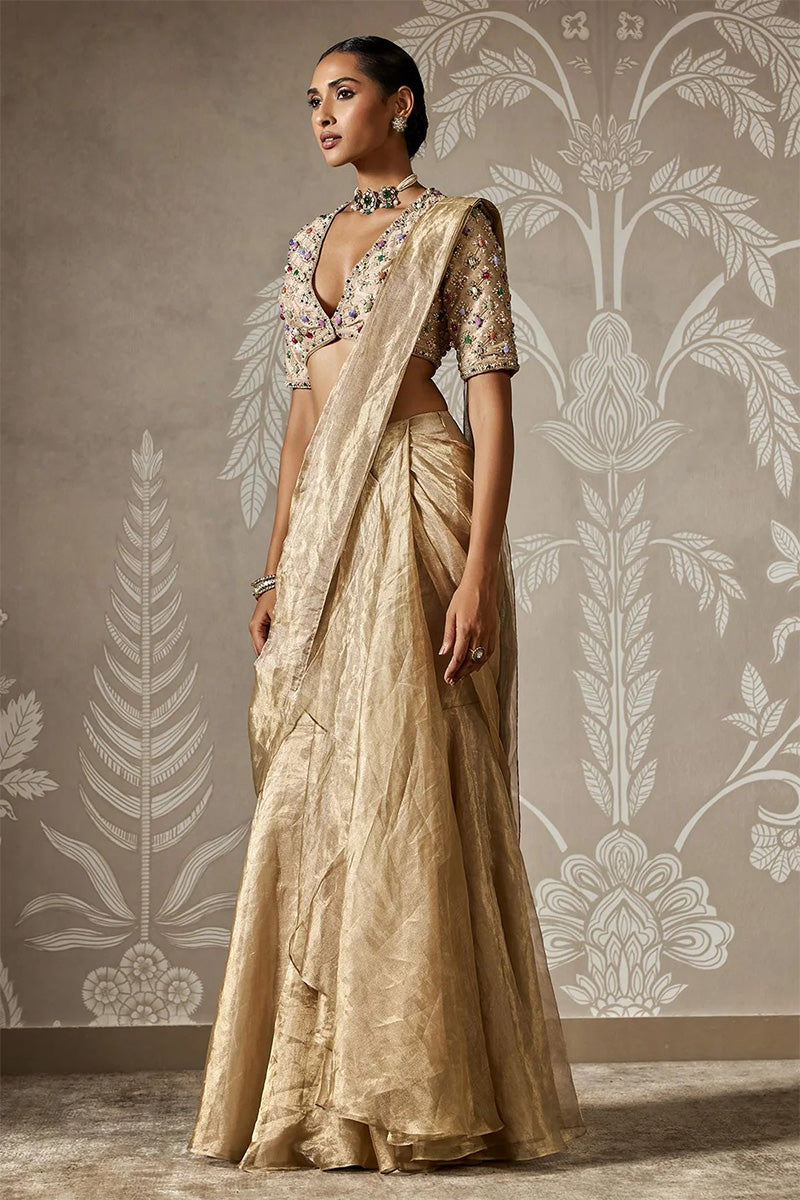 Gunmetal and Light Gold Draped Saree