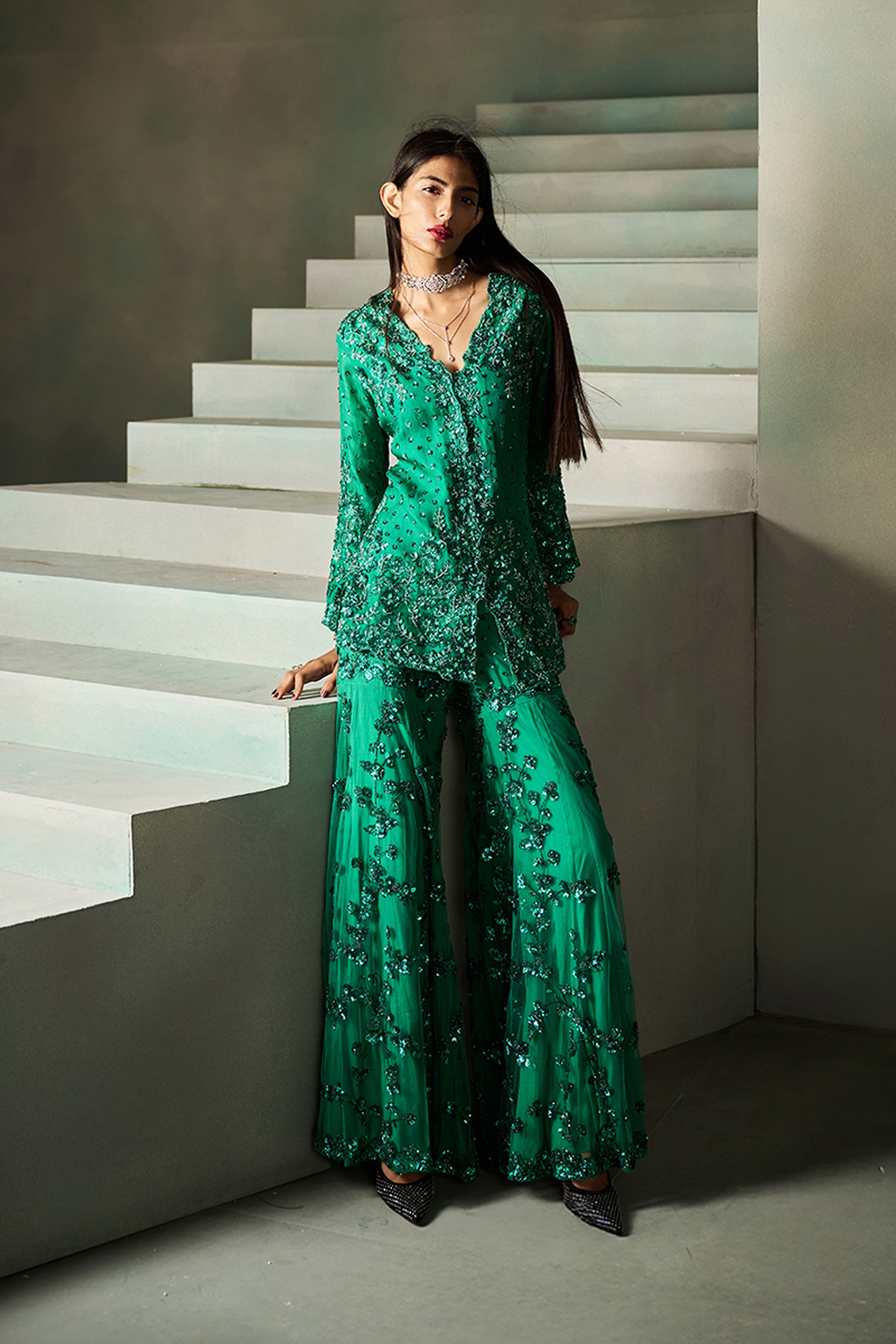 ROCOCO BY RAGHVI JACKET GHARARA EMERALD