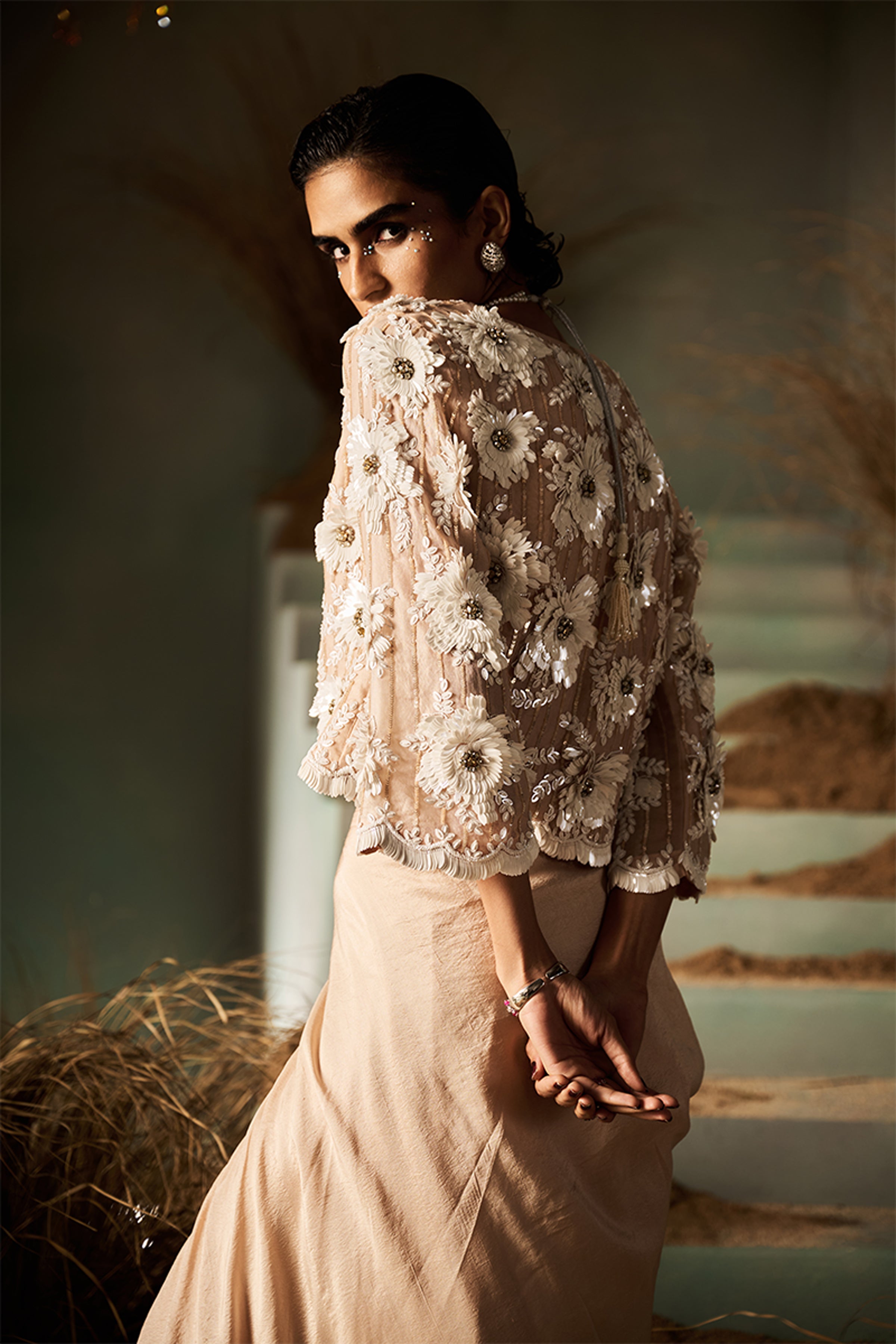 ROCOCO BY RAGHVI JACKET DRAPE SKIRT NUDE BEIGE