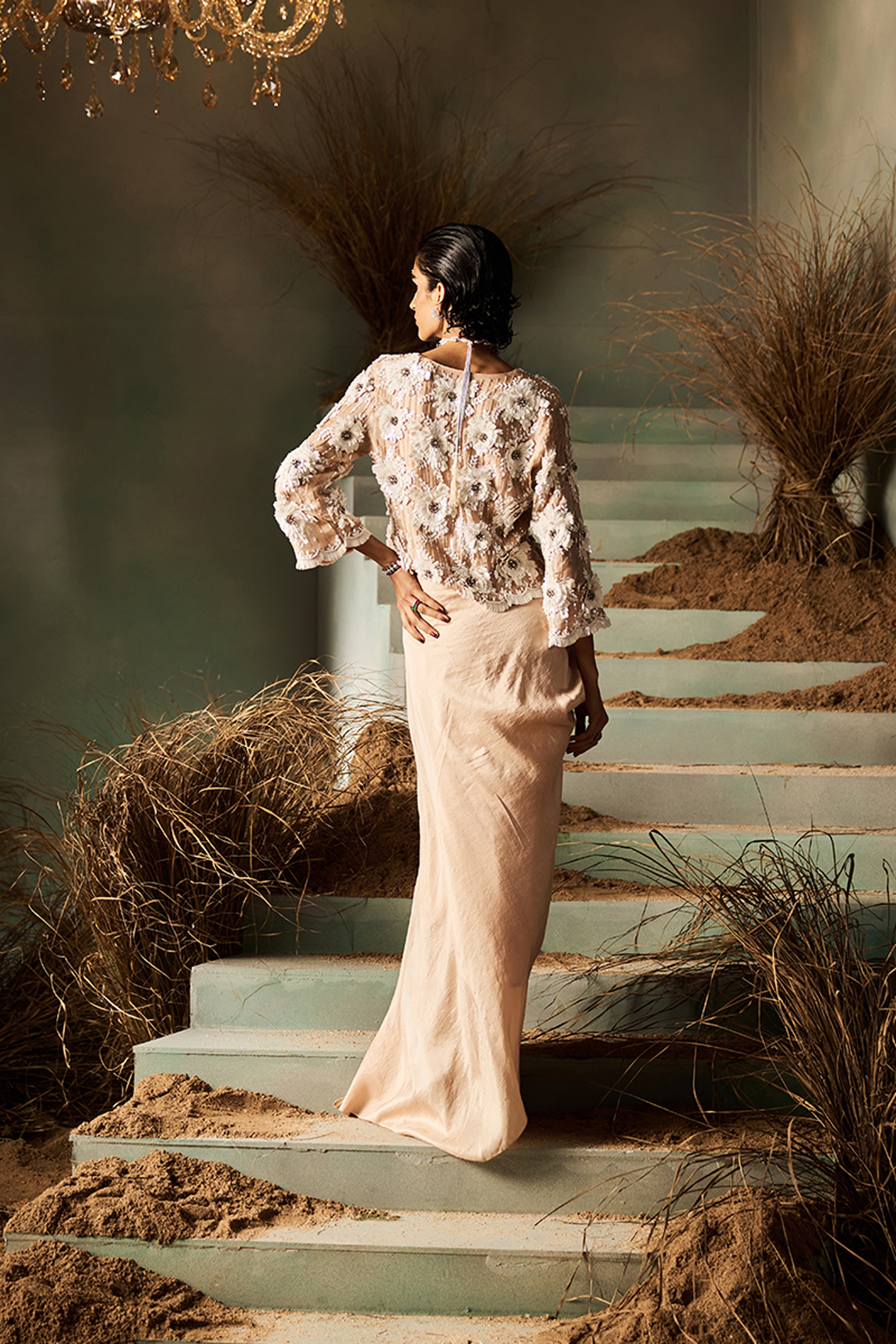 ROCOCO BY RAGHVI JACKET DRAPE SKIRT NUDE BEIGE