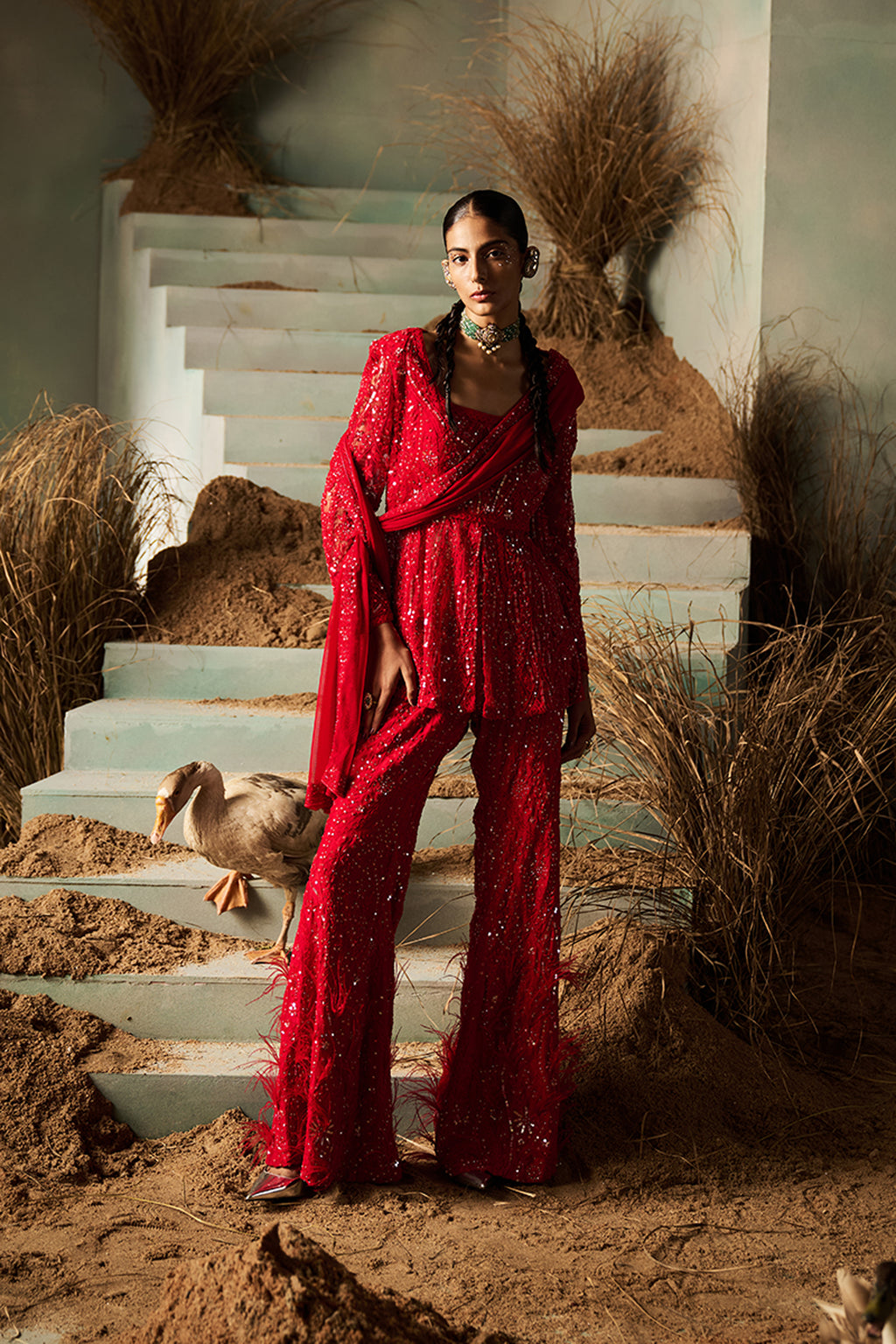 ROCOCO BY RAGHVI PEPLUM PANT DUPATTA RED