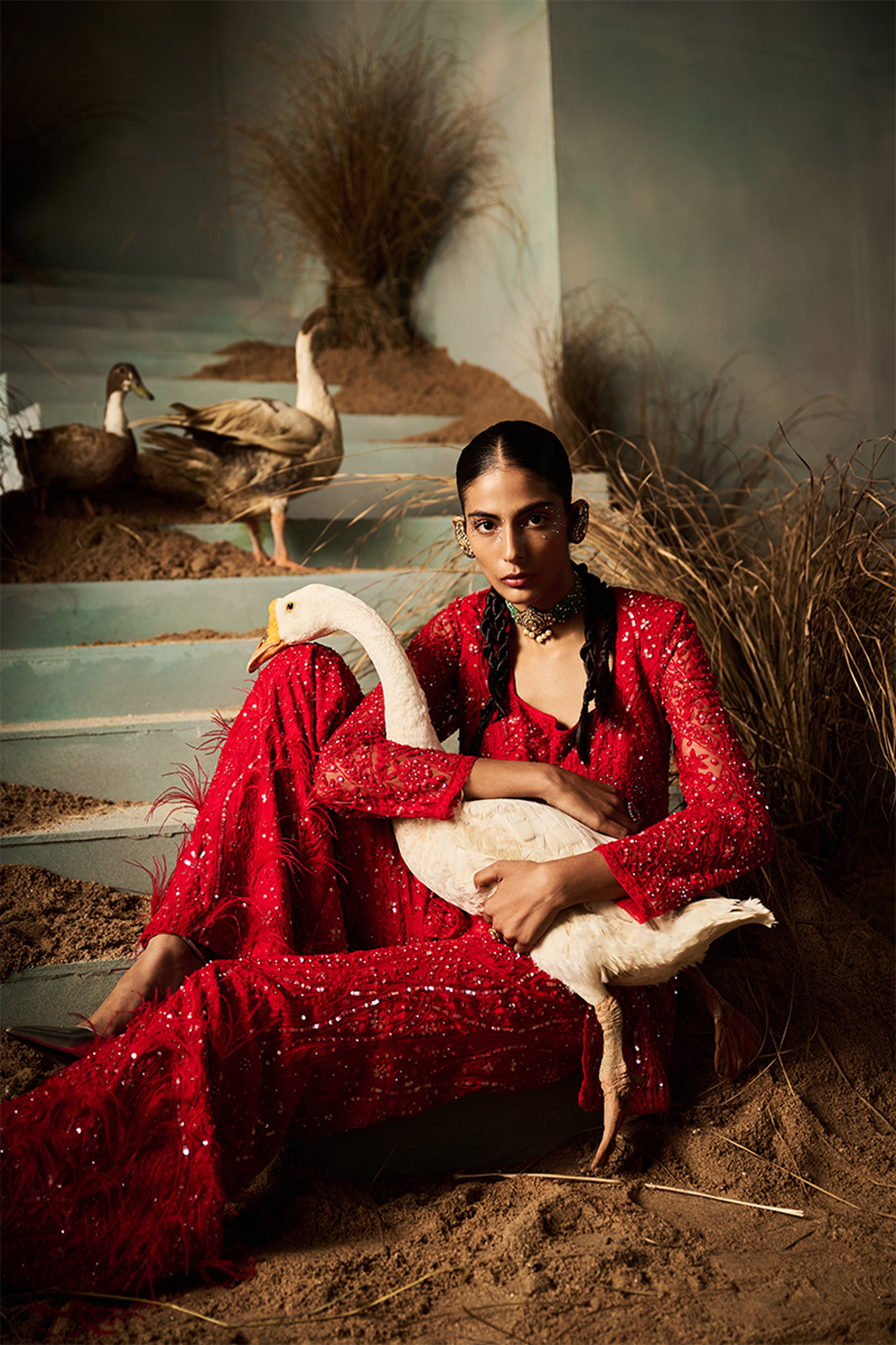 ROCOCO BY RAGHVI PEPLUM PANT DUPATTA RED