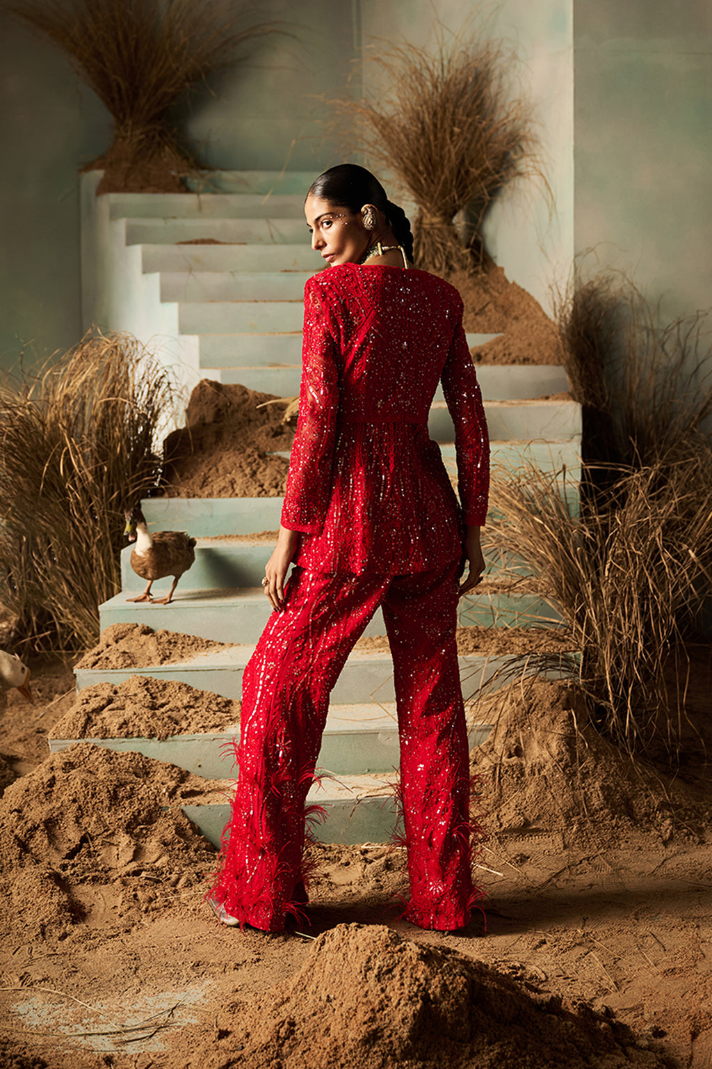 ROCOCO BY RAGHVI PEPLUM PANT DUPATTA RED