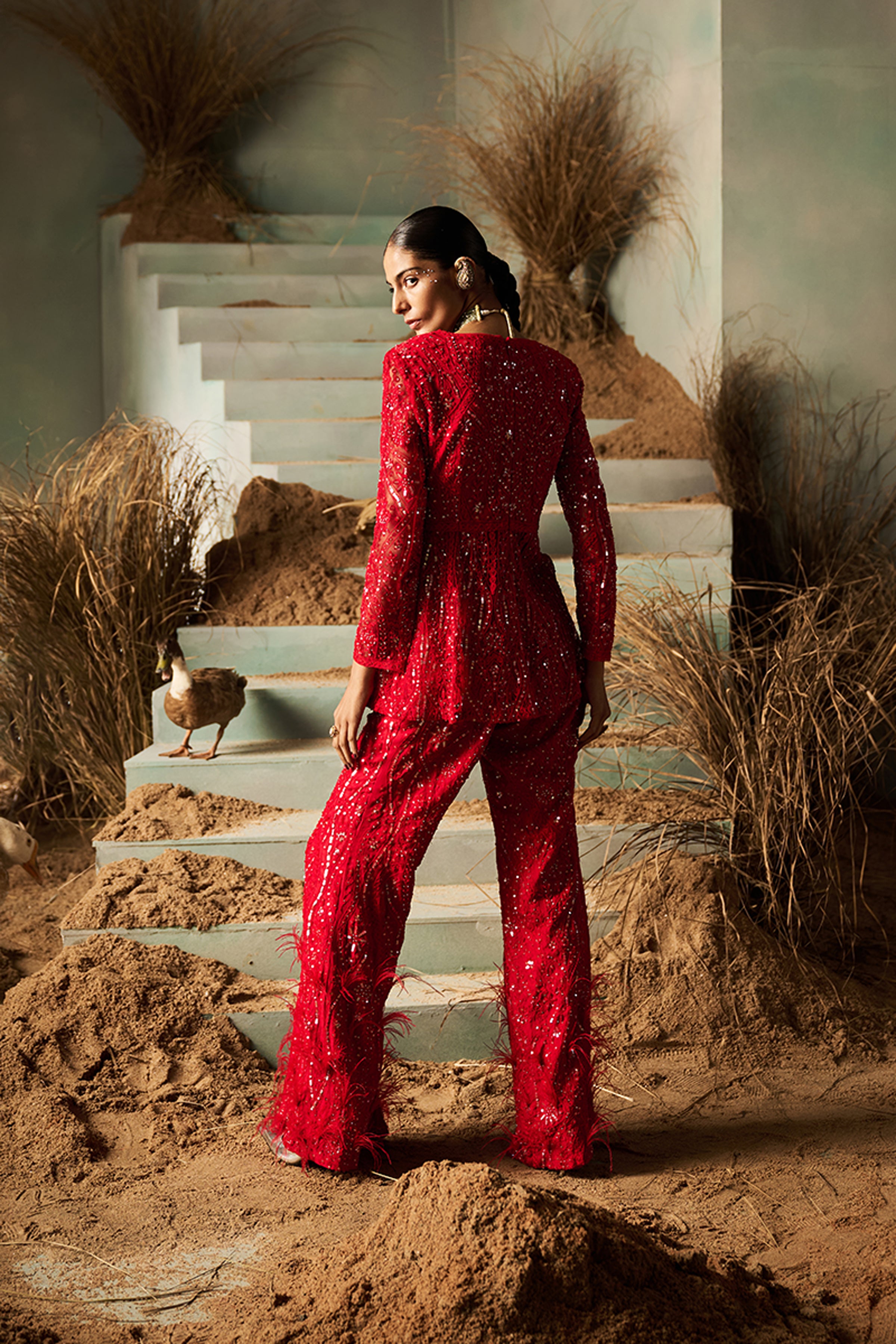 ROCOCO BY RAGHVI PEPLUM PANT DUPATTA RED