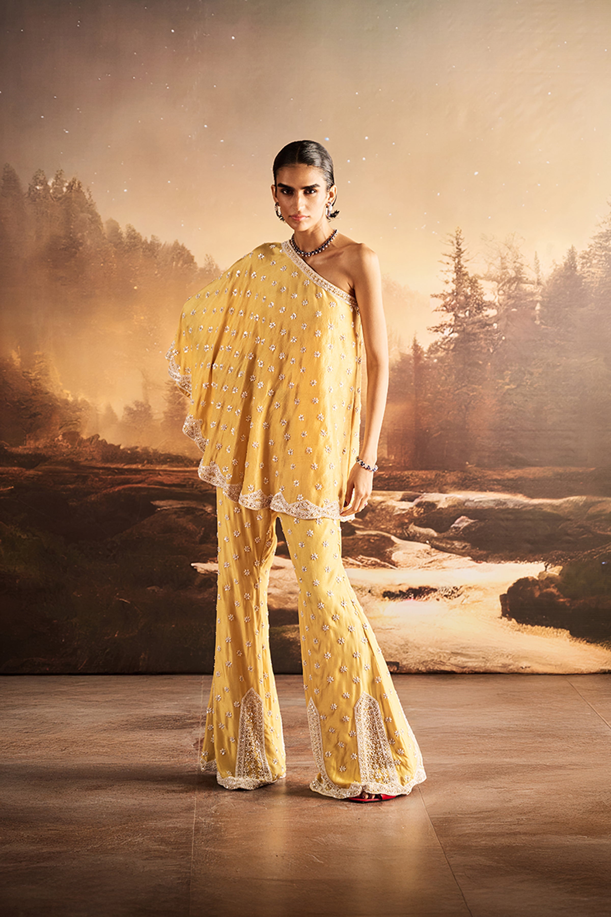 ROCOCO BY RAGHVI CAPE BUSTIER SHARARA ICE MUSTARD