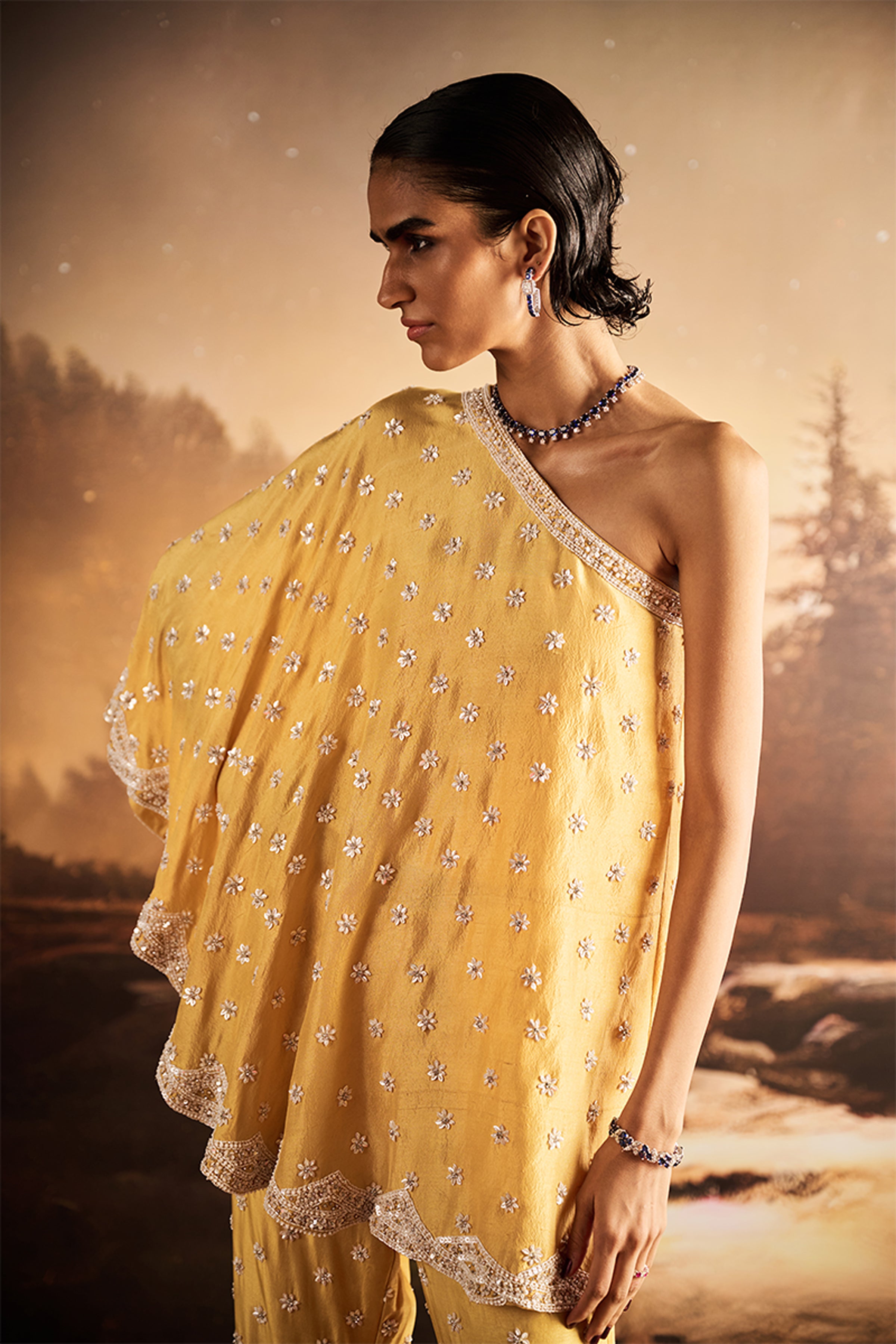ROCOCO BY RAGHVI CAPE BUSTIER SHARARA ICE MUSTARD