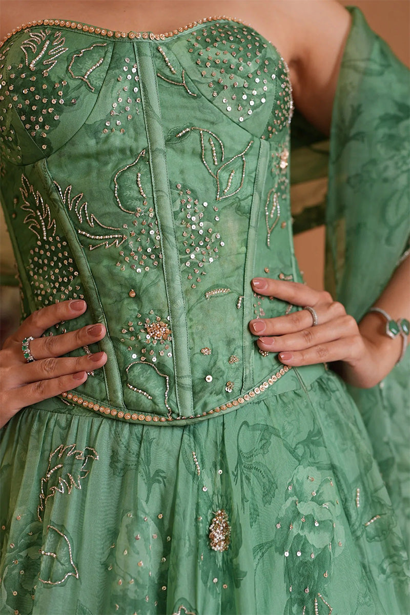 Skirt Corset Dupatta Pista Green